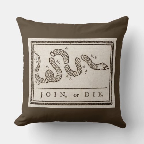 Join or Die Franklin Rattlesnake Political Cartoon Throw Pillow