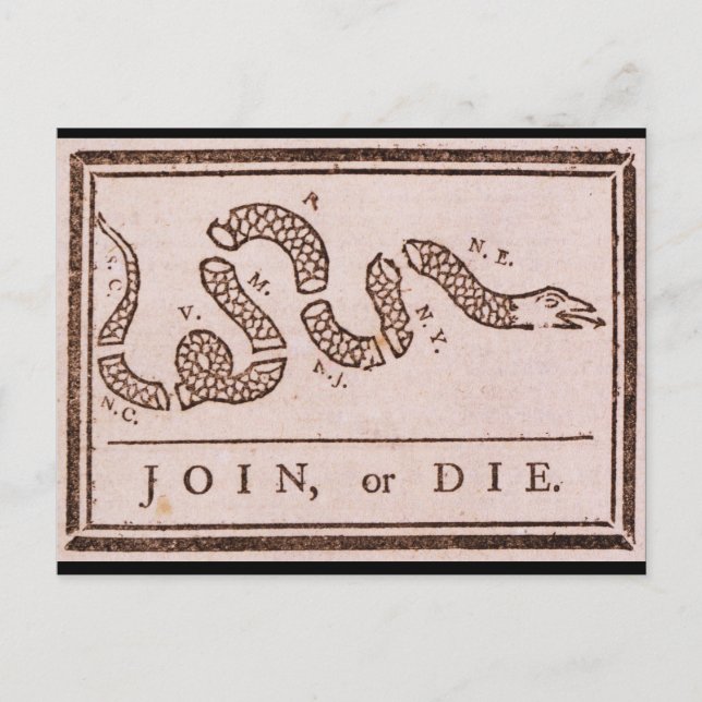 Join or Die ORIGINAL Benjamin Franklin Cartoon Postcard (Front)