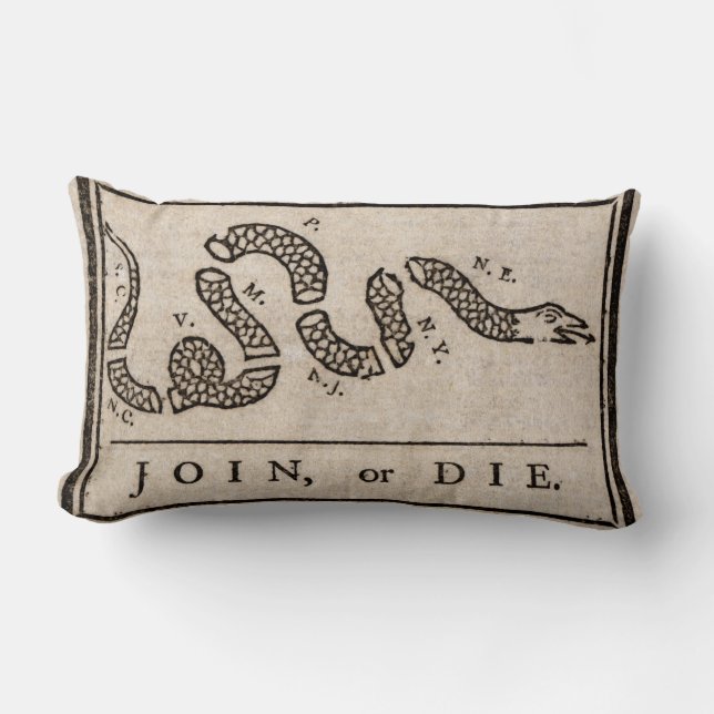 Join or Die Political Cartoon by Benjamin Franklin Lumbar Pillow (Front)