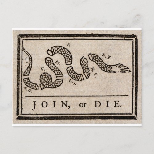 Join or Die Political Cartoon by Benjamin Franklin Postcard