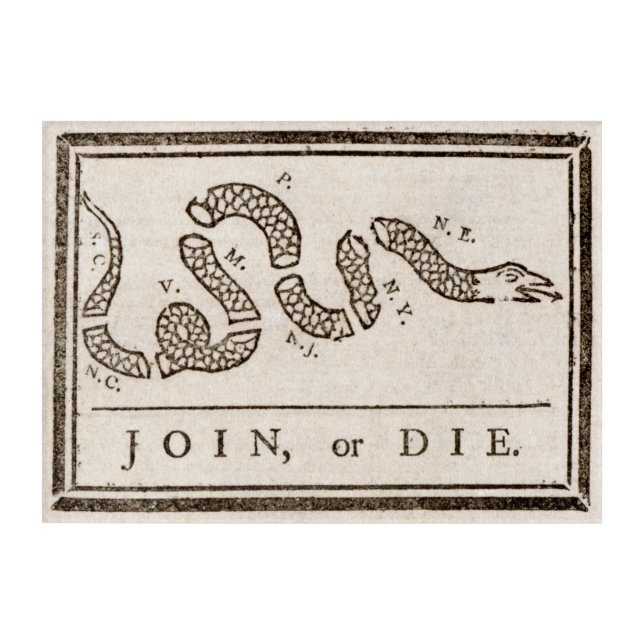 Join or Die Rattlesnake: Cartoon Benjamin Franklin Acrylic Print (Front)