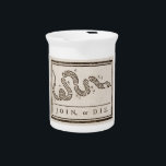 Join or Die Rattlesnake: Cartoon Benjamin Franklin Beverage Pitcher<br><div class="desc">The "Join or Die" snake cartoon, a powerful symbol of unity, was created by Benjamin Franklin in 1754. It emerged during a time of growing tension between the British colonies in North America and the French and their Native American allies. - The French and Indian War was looming, and Franklin,...</div>