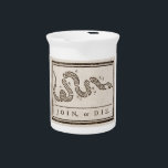 Join or Die Rattlesnake: Cartoon Benjamin Franklin Beverage Pitcher<br><div class="desc">The "Join or Die" snake cartoon, a powerful symbol of unity, was created by Benjamin Franklin in 1754. It emerged during a time of growing tension between the British colonies in North America and the French and their Native American allies. - The French and Indian War was looming, and Franklin,...</div>