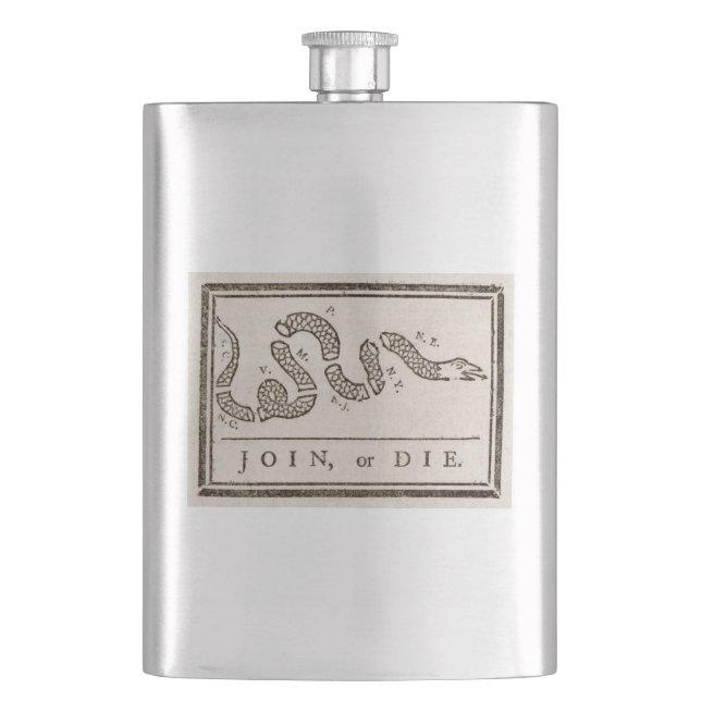 Join or Die Rattlesnake: Cartoon Benjamin Franklin Flask (Front)