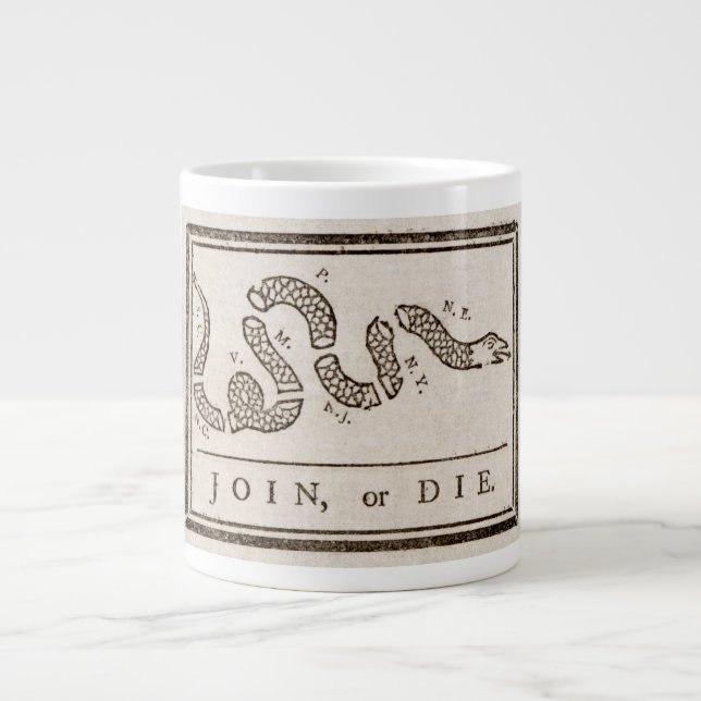 Join or Die Rattlesnake: Cartoon Benjamin Franklin Giant Coffee Mug (Front)