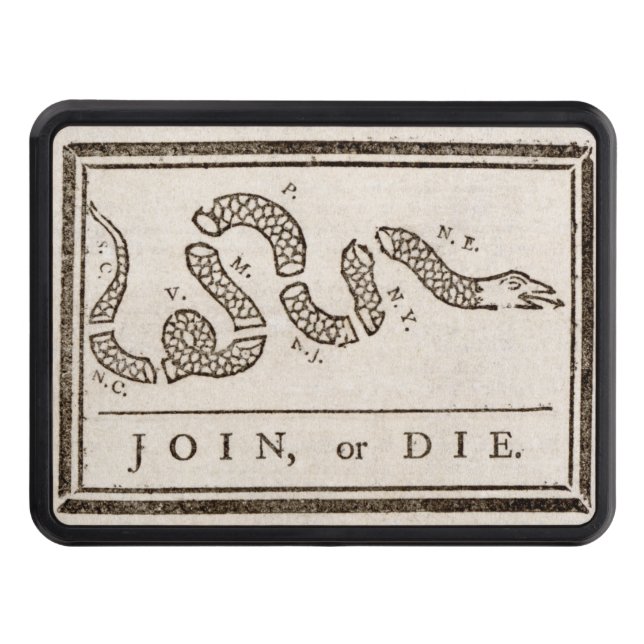 Join or Die Rattlesnake: Cartoon Benjamin Franklin Hitch Cover (Front)