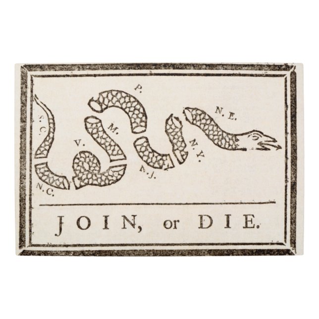 Join or Die Rattlesnake: Cartoon Benjamin Franklin Metal Print (Front)