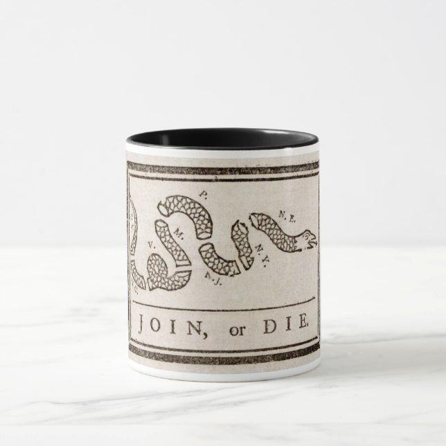 Join or Die Rattlesnake: Cartoon Benjamin Franklin Mug (Center)