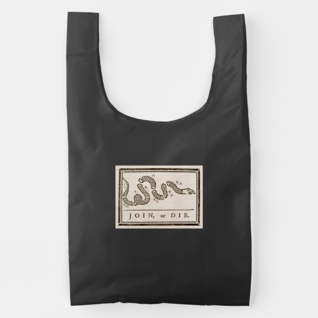 Join or Die Rattlesnake: Cartoon Benjamin Franklin Reusable Bag (Front)