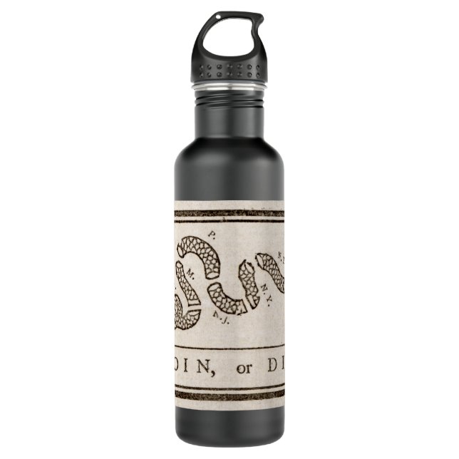 Join or Die Rattlesnake: Cartoon Benjamin Franklin Stainless Steel Water Bottle (Front)