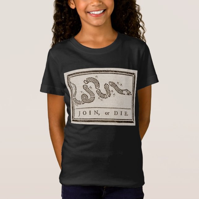 Join or Die Rattlesnake: Cartoon Benjamin Franklin T-Shirt (Front)