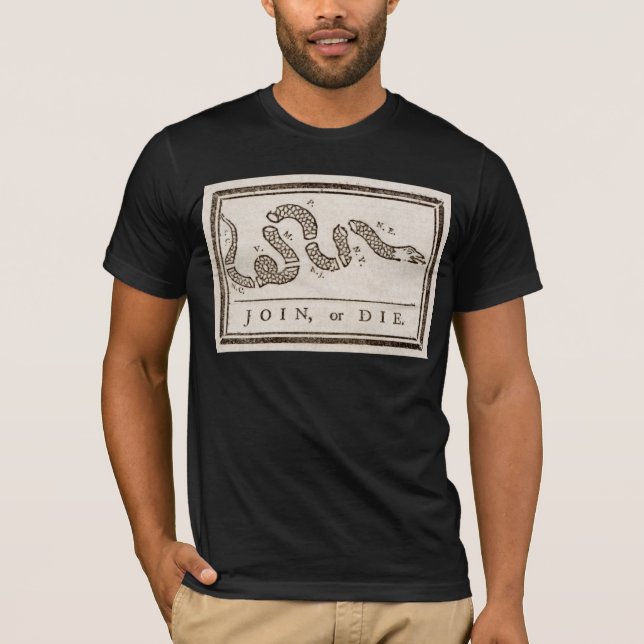 Join or Die Rattlesnake: Cartoon Benjamin Franklin T-Shirt (Front)