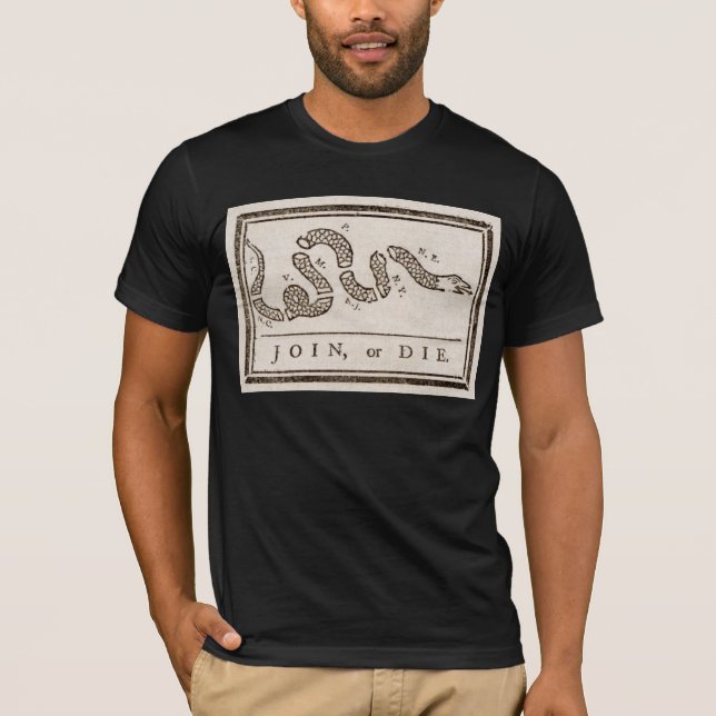 Join or Die Rattlesnake: Cartoon Benjamin Franklin T-Shirt (Front)