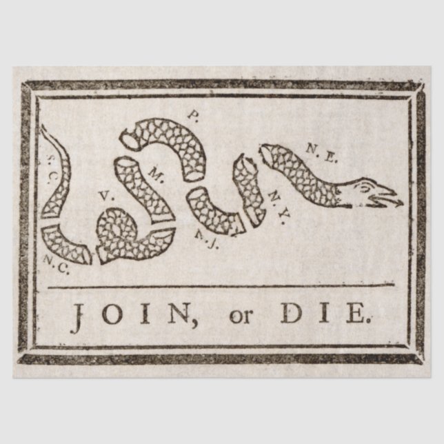 Join or Die Rattlesnake: Cartoon Benjamin Franklin Tissue Paper (Front)