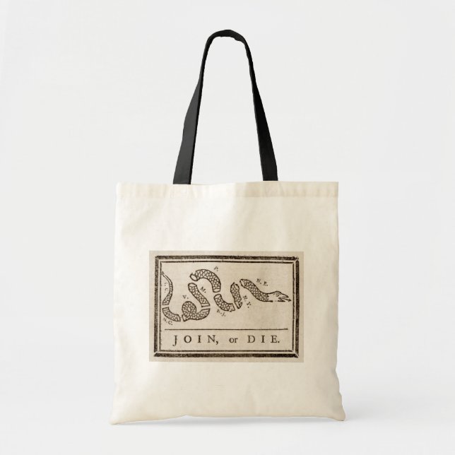 Join or Die Rattlesnake: Cartoon Benjamin Franklin Tote Bag (Front)