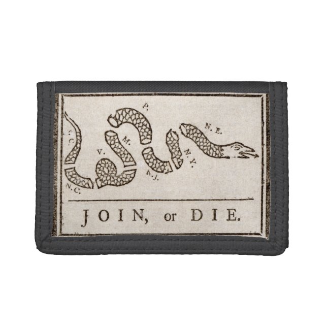 Join or Die Rattlesnake: Cartoon Benjamin Franklin Trifold Wallet (Front)