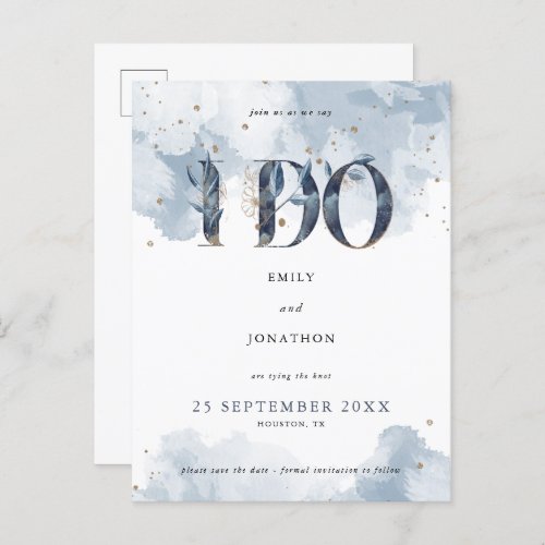 Join Us As We Say i Do Decorated Letters Leaf Blue Announcement Postcard