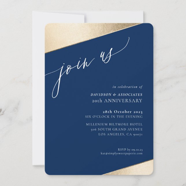 JOIN US calligraphy classy formal gold edge navy Invitation (Front)