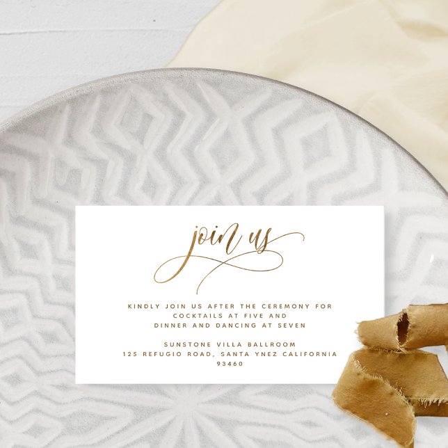 Join Us, Elegant Modern Calligraphy Reception Gold Enclosure Card (Creator Uploaded)