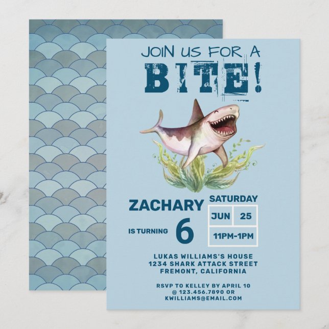Join Us For a Bite Funny Shark Boys Birthday Party Invitation (Front/Back)