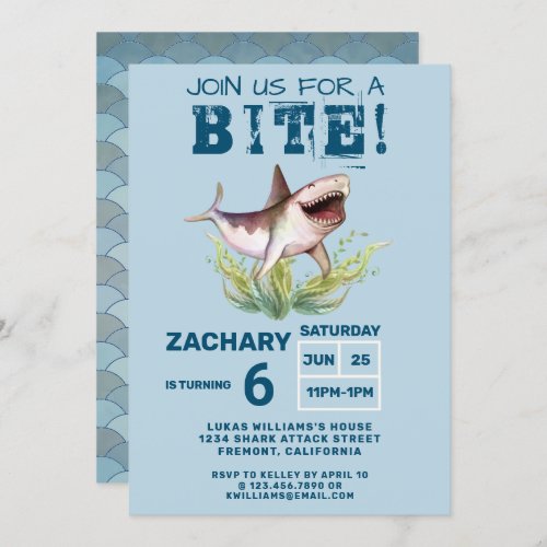 Join Us For a Bite Funny Shark Boys Birthday Party Invitation