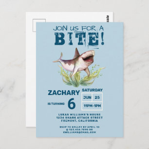 Join Us For a Bite Funny Shark Boys Birthday Party Postcard