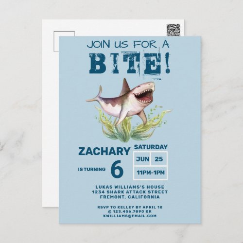 Join Us For a Bite Funny Shark Boys Birthday Party Postcard