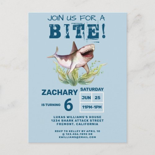 Join Us For a Bite Funny Shark Boys Birthday Party Postcard