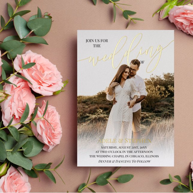 Join Us Gold Script Photo Double Sided Wedding  Foil Invitation (Creator Uploaded)