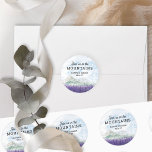 Join us in the Mountains Lavender Valley Wedding Classic Round Sticker<br><div class="desc">Join us in the Mountains, personalized wedding invitation envelope seals, perfect for a mountain wedding resort or destination wedding in scenic countryside. The design features modern typography and an idyllic watercolor landscape. The dreamy mountain ridge scene depicts mountains, green hills and a peaceful country valley meadow with swathes of lavender,...</div>