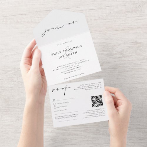 Join Us Minimalist Script Black White Wedding All In One Invitation