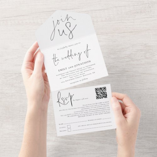 Join Us Modern Script Typographical Black White All In One Invitation