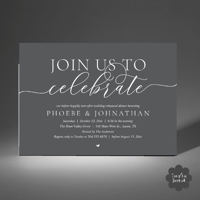 Join Us To Celebrate, Wedding Rehearsal Dinner Invitation (Join Us To Celebrate, Modern Classy Wedding Rehearsal Dinner Invitation card in dark grey)