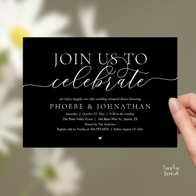 Join Us To Celebrate, Wedding Rehearsal Dinner Invitation (Join Us To Celebrate, Modern Classy Wedding Rehearsal Dinner Invitation card in black and white)