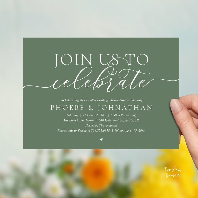 Join Us To Celebrate, Wedding Rehearsal Dinner Invitation (Join Us To Celebrate, Modern Classy Wedding Rehearsal Dinner Invitation card in sage green)