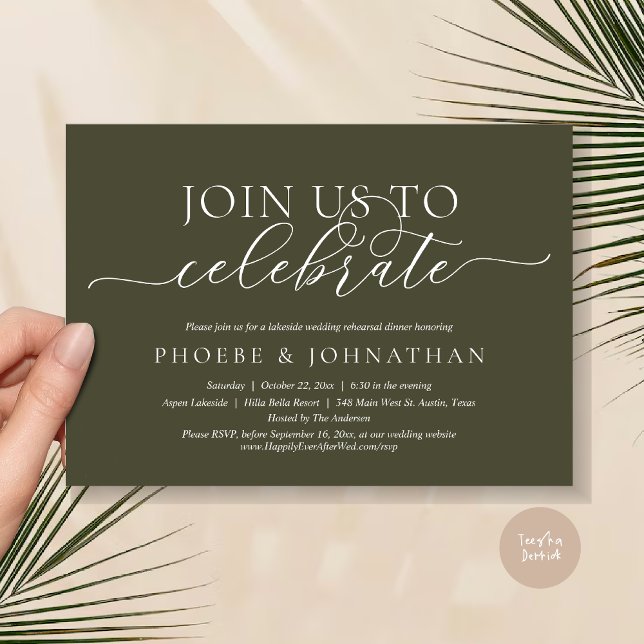 Join Us To Celebrate, Wedding Rehearsal Dinner Invitation (Join Us To Celebrate, Romantic Wedding Rehearsal Dinner Invitation Card, PDF, in Olive Green)