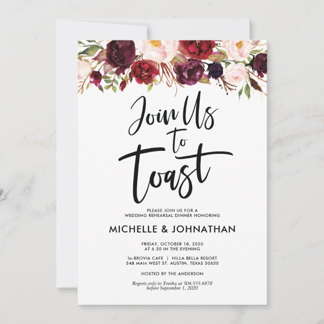 Join us to toast, Wedding Rehearsal Dinner Invites (Front)
