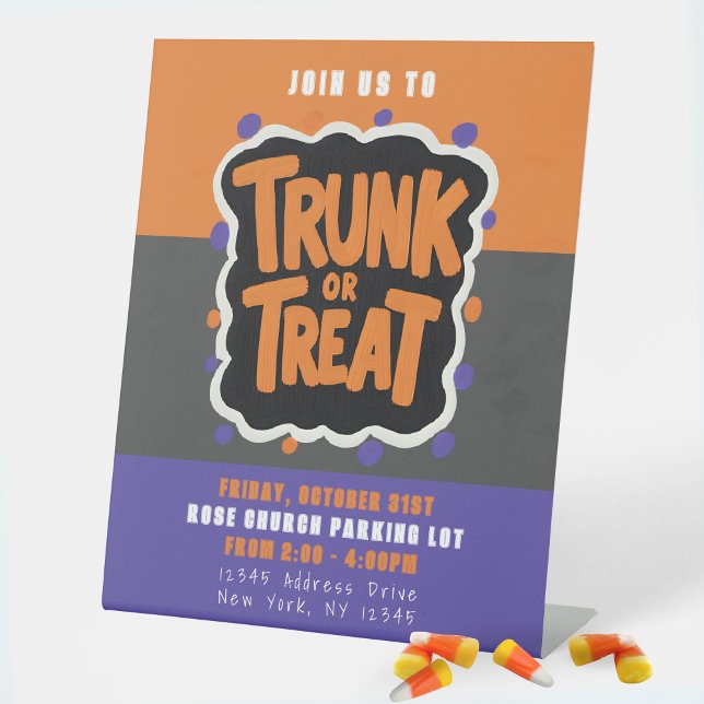 Join Us to Trunk or Treat Halloween Business Pedestal Sign (Halloween Trunk or Treat Standing Business QR Code Display Sign in Grey, Orange, Purple )