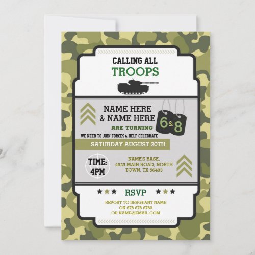Joint Army Military Birthday Two Shared Tank Camo Invitation