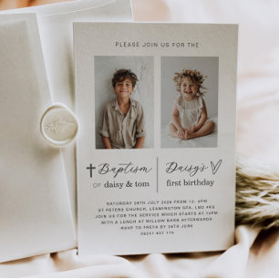 Joint Baptism and 1st Birthday 2 Photo Invitation