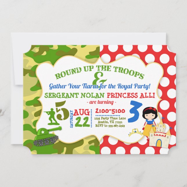 Joint Birthday Army Soldier Princess Invitation (Front)