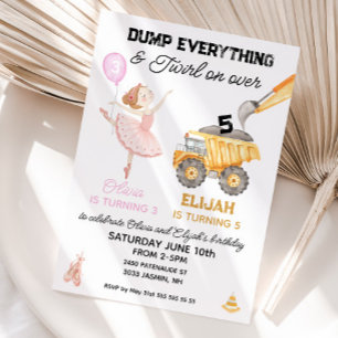 Joint Birthday Ballerina and Construction party Invitation