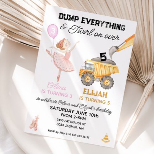 Joint Birthday Ballerina and Construction party Invitation