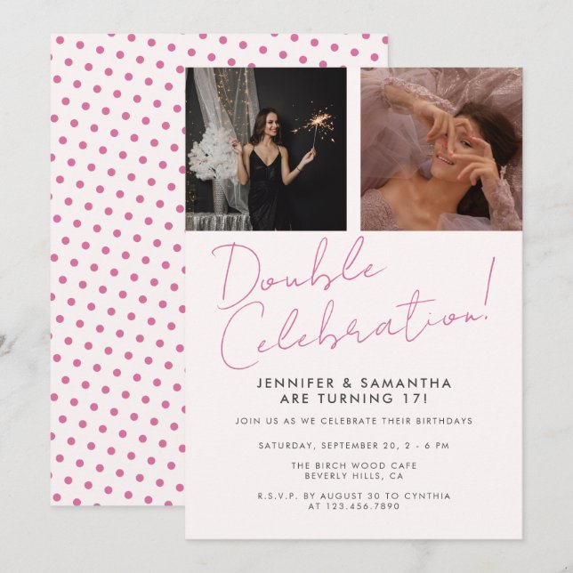 Joint Birthday Double Celebration Pink Girly Photo Invitation (Front/Back)