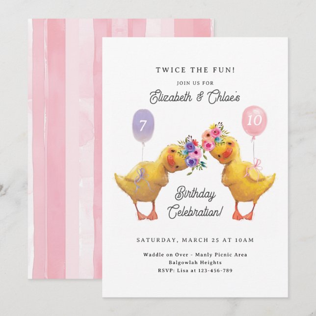 Joint Birthday Invite, Duck Double Party Invitation (Front/Back)