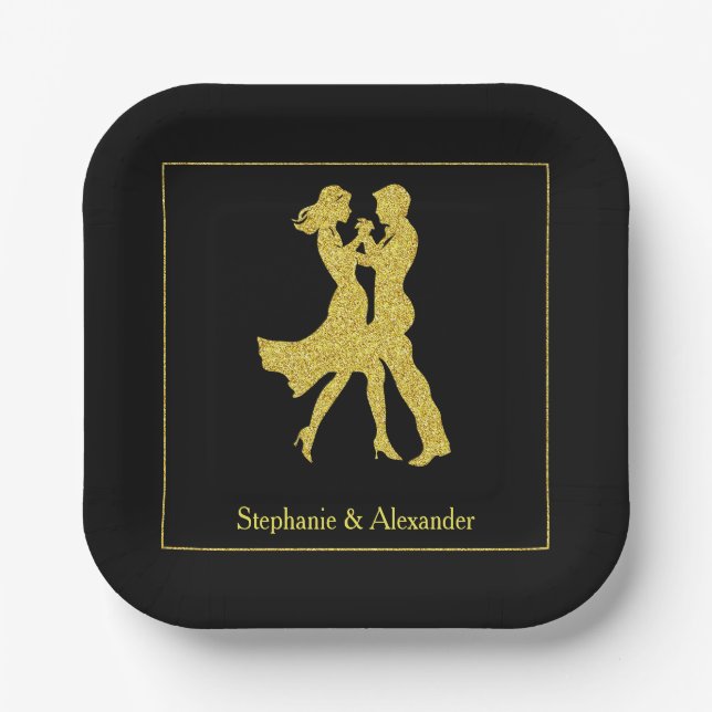 Joint Birthday Party Adults Golden Dance Couple Paper Plates (Front)