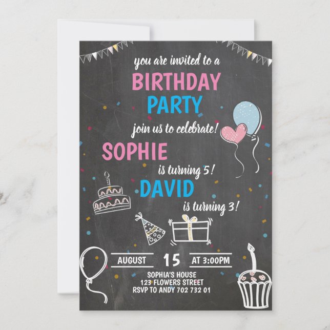 Joint Birthday Party Boy & Girl Chalkboard Cute Invitation (Front)