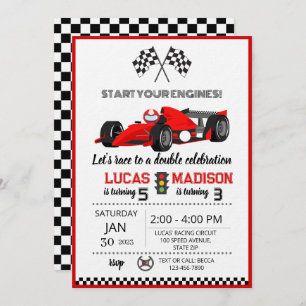 joint birthday party for siblings race car invitation