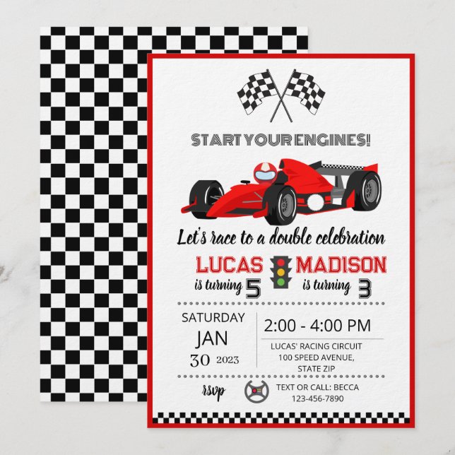 joint birthday party for siblings race car  invitation (Front/Back)