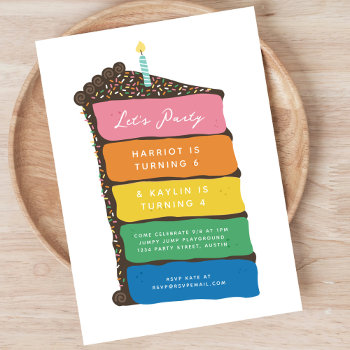Joint Birthday Rainbow Layer Cake Party Invitation by origamiprints at Zazzle